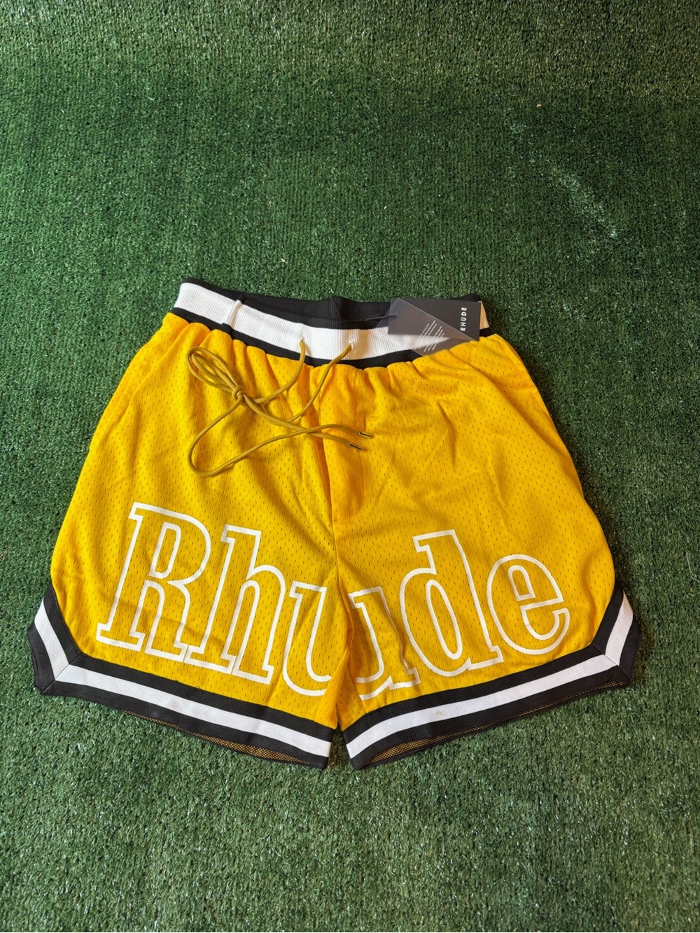 Rhude Yellow Mesh Sport Shorts with Black Trim